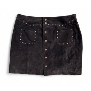 Vintage Y2K Route 66 Brown Suede Leather Mini Skirt Gold Studs Western Size 10